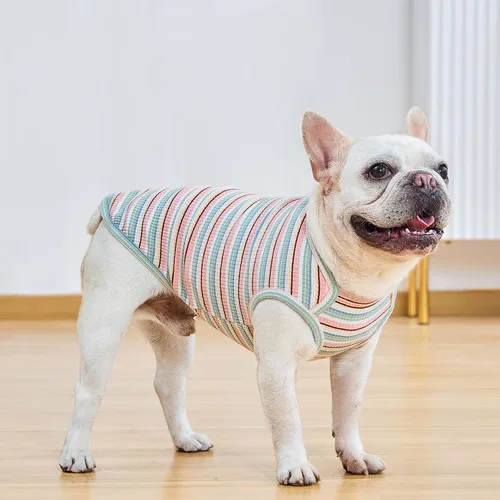 Vista 4 de Camisas para perros, chaleco de algodón a rayas, ropa elástica sin mangas para perros pequeños, paquete de 2 camisetas suaves y transpirables