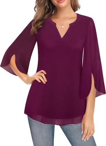 Vista 4 de Timeson Blusa de gasa de manga 34 para mujer, cuello en V, túnica elegante