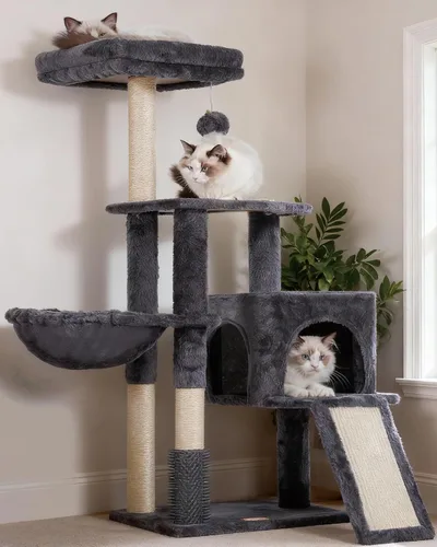 Vista 10 de Heybly - Árbol de gato con cepillo autolimpiante, torre de gato para interior con plataforma acolchada de felpa, casa de gato con cesta, poste
