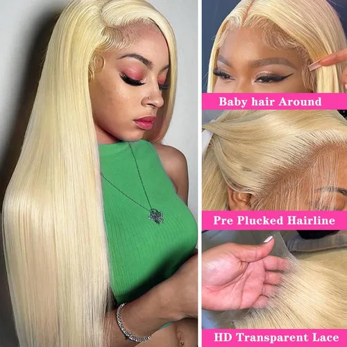 Vista 5 de 613 13x4 Peluca de encaje frontal transparente HD de cabello humano recto rubio platino Peluca de cabello humano predepilado con cabello de bebé