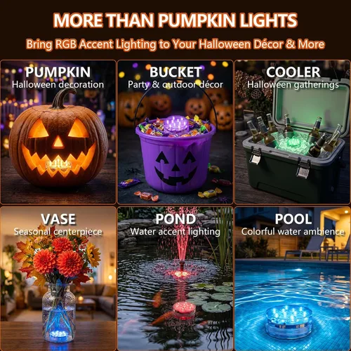 Vista 7 de Luces LED de calabaza con control remoto, 16 colores, 4 modos, funciona con pilas, luces sumergibles que cambian de color, para Halloween, calabaza