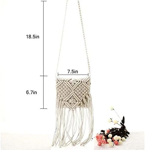 Vista 2 de Goclothod Bolso bandolera con flecos de ganchillo para mujer, bolso cruzado de algodón con borla, bolso de playa hippie