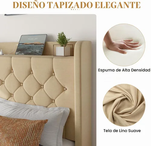 Vista 7 de SHA CERLIN Base de cama de plataforma de tamaño matrimonial con estación de carga, cabecera de lino con estante de almacenamiento, soporte