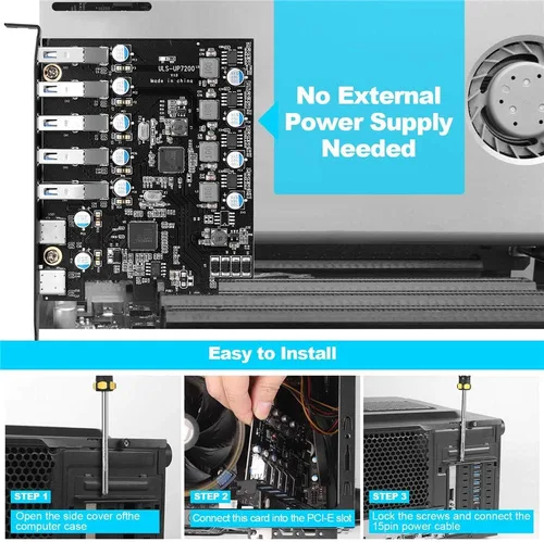 Vista 3 de PCIE - Tarjeta de expansión USB 3.0, 7 puertos (5X tipo A y 2 USB C) Tarjeta PCIe Super Speed PCI Express USB3 Hub Controller Adaptador para Windows