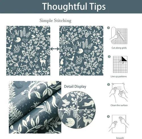 Vista 5 de HeloHo Papel tapiz autoadhesivo para despegar y pegar, papel de contacto floral azul oscuro, bohemio, autoadhesivo, extraíble, para gatos, pájaros