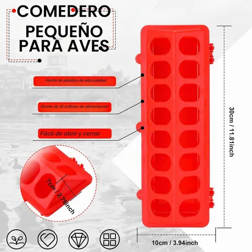 Vista 2 de Comedero de codornices de plástico con tapa abatible, rojo, verde