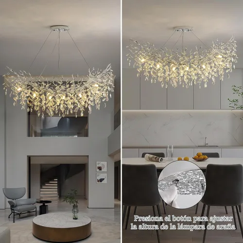 Vista 3 de Candelabro rectangular con ramas de árbol de cristal, L40 pulgadas, Mpdern de lujo cromado lineal Art Deco con forma de gota de lluvia para cocina
