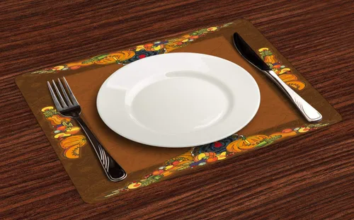 Vista 2 de Ambesonne Juego de 4 manteles individuales de Acción de Gracias, canasta cosecha calabaza pavo tarta de manzana frutas verduras postre cena