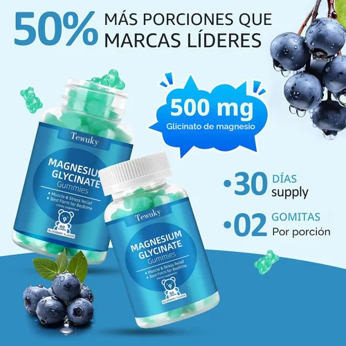 Vista 6 de Gomitas de glicinato de magnesio 500mg, sin azúcar para adultos y niños, gomitas de magnesio para dormir, estrés y alivio muscular, apoya la salud