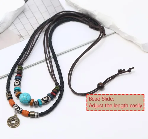 Vista 3 de Beulous Collar de cuero con cuentas de doble capa estilo tribal vintage para hombre y mujer, con colgante para surfista de verano y playa, Cuero, No