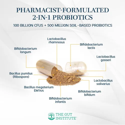 Vista 5 de Microbiome Mojo - Probióticos 2 en 1 de alta potencia, 100 mil millones de UFC más 500 millones de probióticos viables a base de suelo por cápsula