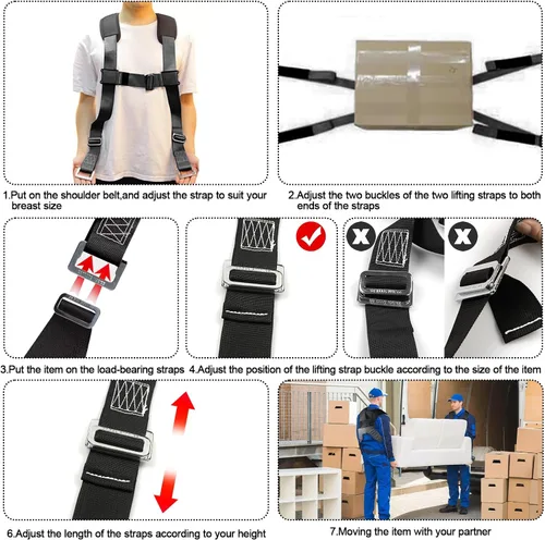 Vista 4 de Correas para mover muebles con hebilla en el pecho, correa de elevación para 2 mudanzas, correas de hombro para mover con correa de elevación para 1
