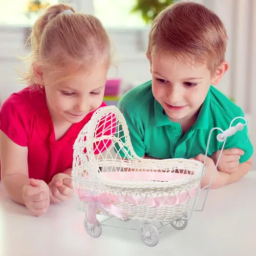 Vista 6 de Cesta de mimbre de mimbre de imitación para cochecito de bebé, con forma de carrito, cesta multiusos de caramelo para baby shower, fiesta