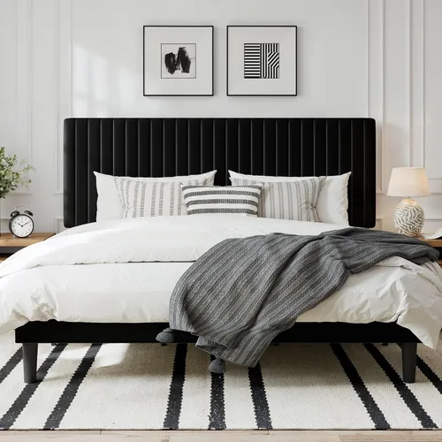 Vista 12 de GOLDORO Base de cama tapizada de terciopelo de tamaño matrimonial con cabecera capitoné de canal vertical, soporte de listones de madera,