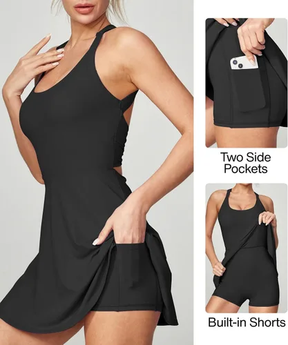 Vista 2 de Heathyoga Vestido de tenis con pantalones cortos y sujetador integrados, vestido atlético para mujer, de verano, con corte y torsión, para golf