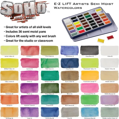 Vista 3 de Soho Urban Artist E-Z Lift Artist - Juego de 36 sartenes para acuarelas profesionales con colores ricos y brillantes para pintores, artistas