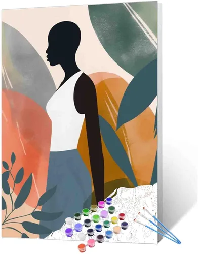Vista 19 de Pintura de niña afro a la moda, kits de pintura por números, 16 x 20 pulgadas, lienzo de hojas tropicales, pintura al óleo para niños y adultos