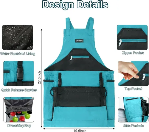 Vista 3 de Delantal de jardín, delantales de cosecha con bolsa de cordón y bolsillos para mujeres y hombres, delantal de lona para recolección de frutas