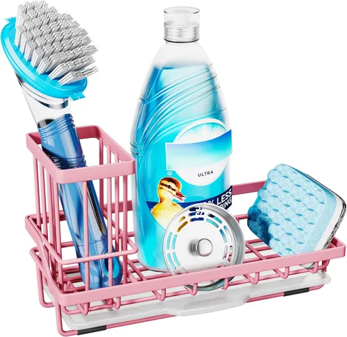 Vista 16 de Consumest Organizador para fregadero, soporte de esponja de cocina con soporte para cepillos de platos, organizador de cocina con bandeja de goteo
