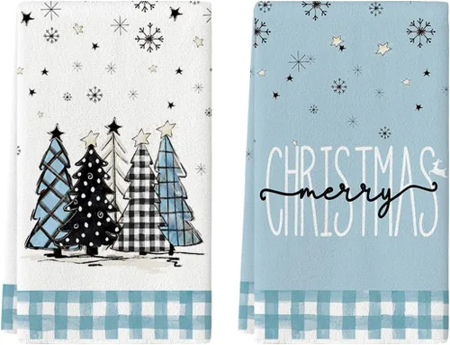 Vista 8 de Artoid Mode Toallas de cocina con estampado de búfalo de Merry Christmas, toallas de cocina de invierno con árboles de Navidad y estrellas, toallas