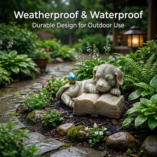 Vista 2 de Topadorn Estatua de jardín solar para cachorros con libro LED brillante, perro de resina pintado a mano con pájaro azul, decoración de patio al aire