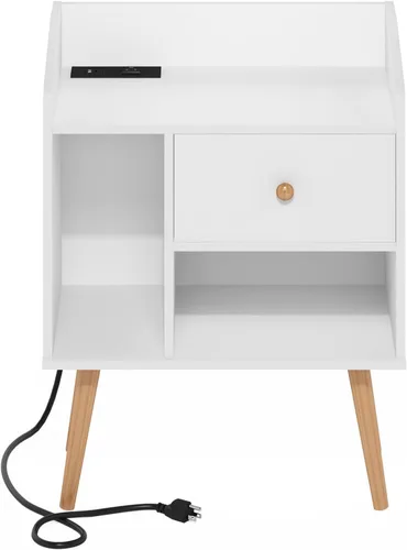 Vista 8 de Furinno Claude Mesa Auxiliar, Mesa Lateral de Mediados de Siglo con Estación de Carga, Mesita de Noche con Patas de Madera, Mesa de Cabecera