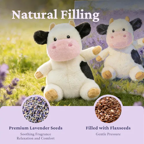 Vista 4 de IKASA Animal de peluche de vaca con peso para microondas, 1.5 libras, calentable y refrigerable con aroma a lavanda para mayor comodidad y calidez