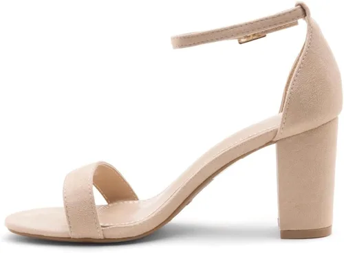 Vista 3 de Shoe Land Madeline - Sandalias de tacón bajo para mujer, con puntera abierta, correa al tobillo, tacón grueso, negro, dorado, azul, rojo, tacón