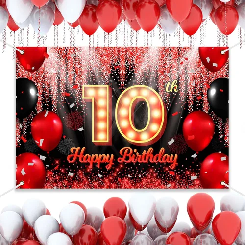 Vista 4 de Telón de Fondo Banner de Feliz 10º Cumpleaños Tema Negro y Rojo con Fondo de Neón Brillante y Moda para Fiesta de Cumpleaños Fotografía Accesorio