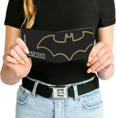 Vista 6 de Buckle-Down Billetera de DC Comics para hombre, plegable, con logotipo de murciélago de Batman, primer plano, negro, blanco, amarillo, cuero vegano