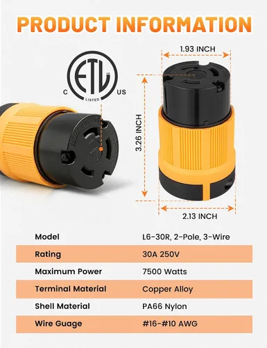 Vista 2 de MECMO Conector de bloqueo del generador NEMA L6-30R de 30A/250V con certificación ETL, enchufe macho de bloqueo giratorio de 3 puntas, conector, 30