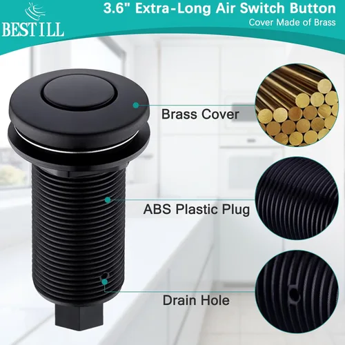 Vista 3 de BESTILL Kit de interruptor de aire superior para eliminación de basura, botón negro mate de 3.6 pulgadas de largo con cubierta de latón, módulo