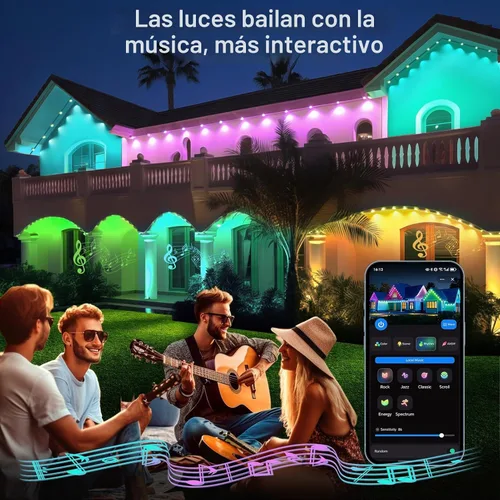 Vista 6 de iYogaled Luces exteriores permanentes para casa, 50 pies de luces de borde exterior inteligentes RGB con 63 modos de escena, luces LED impermeables