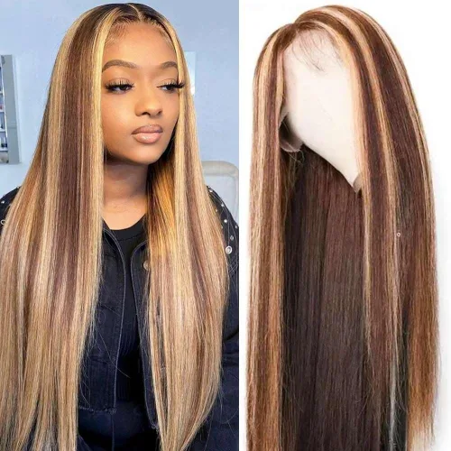 Vista 2 de Pelucas de cabello humano con reflejos y encaje frontal para mujer, 13 x 4, HD transparente 4/27, rubio miel, pelucas frontales de encaje