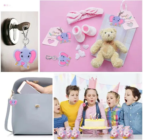 Vista 8 de Juego de 50 llaveros de elefante para baby shower, recuerdos de fiesta temática de elefante, suministros de fiesta de cumpleaños para niños y niñas