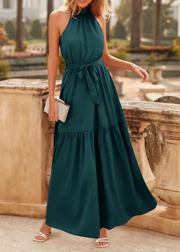 Vista 3 de KIRUNDO Vestido de satén sin mangas para mujer, de cintura alta, elegante, para boda, fiesta, cóctel, formal, vestido de graduación