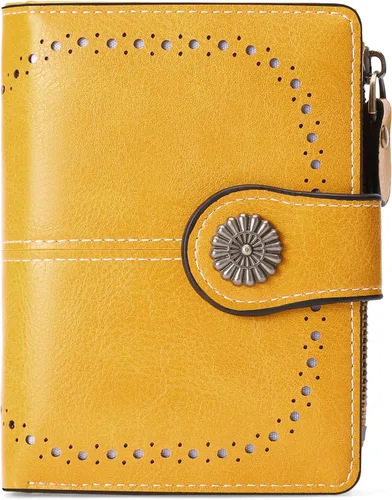 Vista 14 de Cartera pequeña para mujer, de piel, plegable, compacta, con bloqueo RFID, con bolsillo con cremallera para monedas, A01 Rojo Vino, Classic