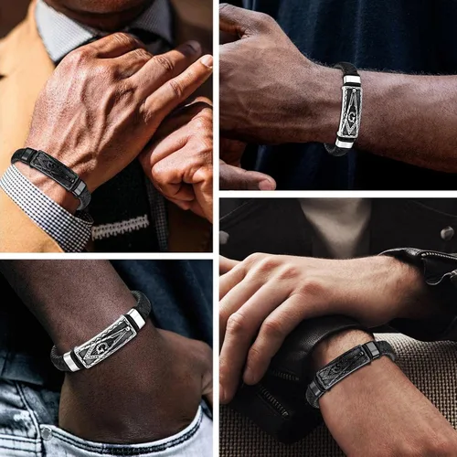 Vista 2 de Bestyle Pulseras vikingas trenzadas de cuero genuino para hombres y niños, pulseras vintage de martillo de Thorcalaveramasónico masón con cierre,