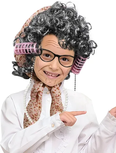 Vista 8 de Popsunny Disfraz de 100 días de escuela para niños y niñas, peluca de anciana y anteojos, disfraz de abuela para fiesta de cosplay