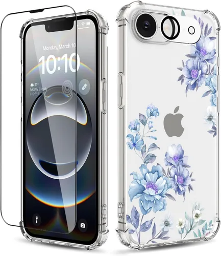 Vista 28 de Funda para iPhone 14, [3 en 1] con protector de pantalla y protector de lente de cámara, diseño de patrón de flores, transparente, suave, a prueba