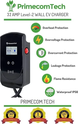 Vista 3 de PRIMECOM - Estación de carga de pared inteligente para vehículos eléctricos de 32 amperios, nivel 2, EVSE, 220/240 voltios, cargador eléctrico