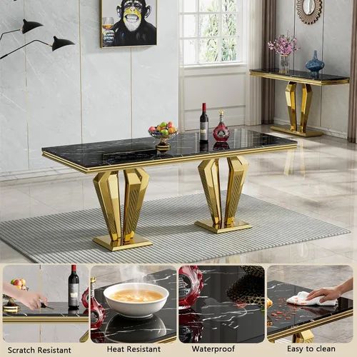 Vista 5 de HomVent - Juego de mesa de comedor de mármol sintético de 68 pulgadas con 4 sillas de terciopelo para cocina Modern Rectangular Faux Marble
