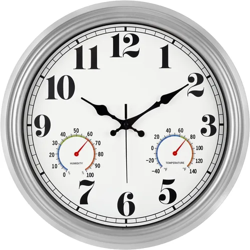 Vista 12 de JENLYSTIME Reloj de pared retro impermeable de 12 pulgadas para interior/exterior con termómetro, silencioso, redondo, de cuarzo, funciona con 40