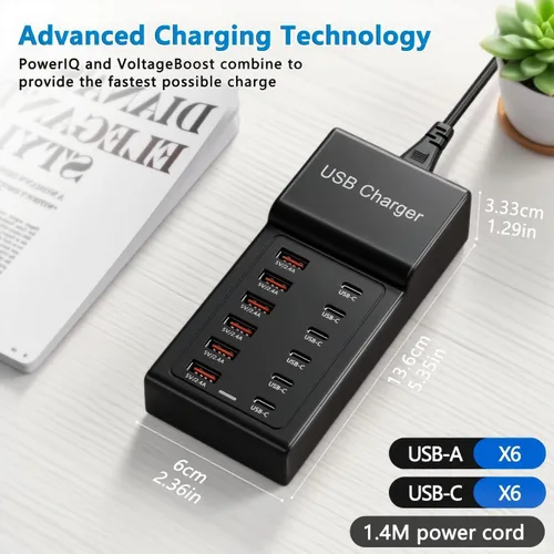 Vista 4 de Bloque de Cargador USB C Multi USB Estación de Carga 50W 12 Puertos Hub USB C Múltiple Tira de Carga USB para iPhone 13/14/15/16/Smartphone/Tablet