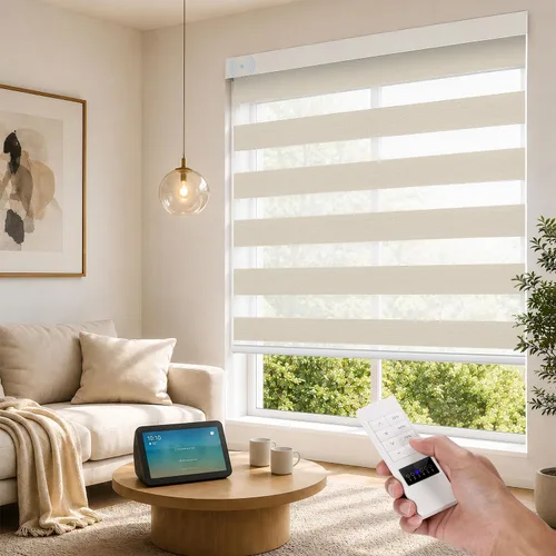 Vista 21 de ACMEART Persianas motorizadas de cebra con control remoto, persianas automáticas de doble capa, persianas eléctricas opacas para oficina del hogar