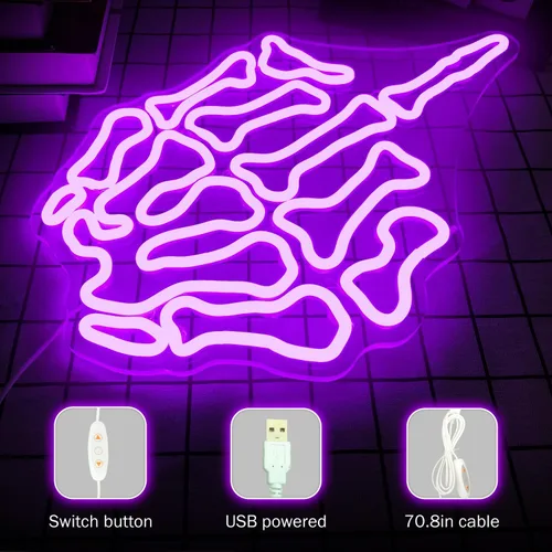 Vista 2 de Señales de neón de calavera con gesto para pared, luces de neón de dedo que se iluminan, señales LED regulables para dormitorio, cueva del hombre
