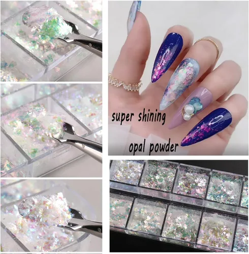 Vista 2 de Arte de uñas holográfico de ópalo con purpurina en polvo, pigmento iridiscente, cristal de hielo, paillettes de sirena, lentejuelas brillantes