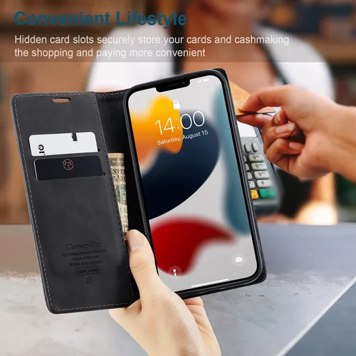 Vista 3 de SINIANL Funda de cuero para iPhone 13 Pro, cartera para iPhone 13 Pro, funda plegable con tapa y función atril magnética, funda protectora Negro