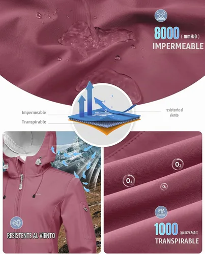 Vista 4 de 33,000ft Chaqueta de softshell para mujer, chaqueta cálida con forro polar, ligera con capucha, impermeable, para senderismo al aire libre Rojo Berry