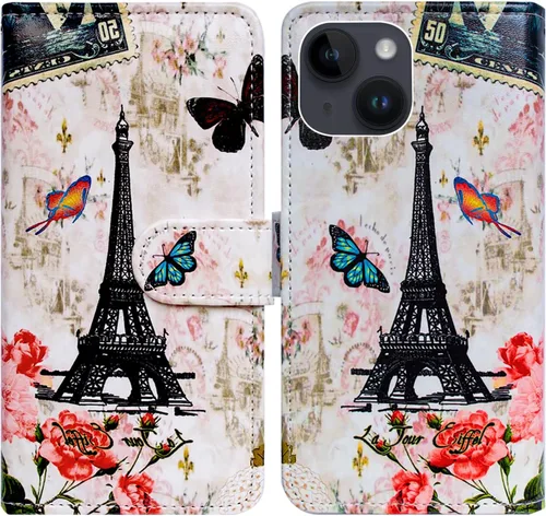 Vista 16 de Bcov Funda para iPhone 15 Plus, piel con tapa y función atril para iPhone 15 Plus, color verde pájaro negro